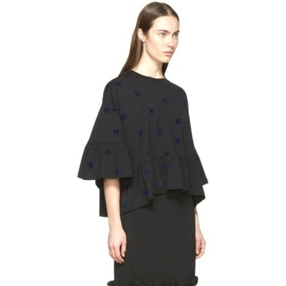 Alexander McQueen Tops - Alexander McQueen McQ Black Blue Velvet Swallow Flock Ruffled T Shirt